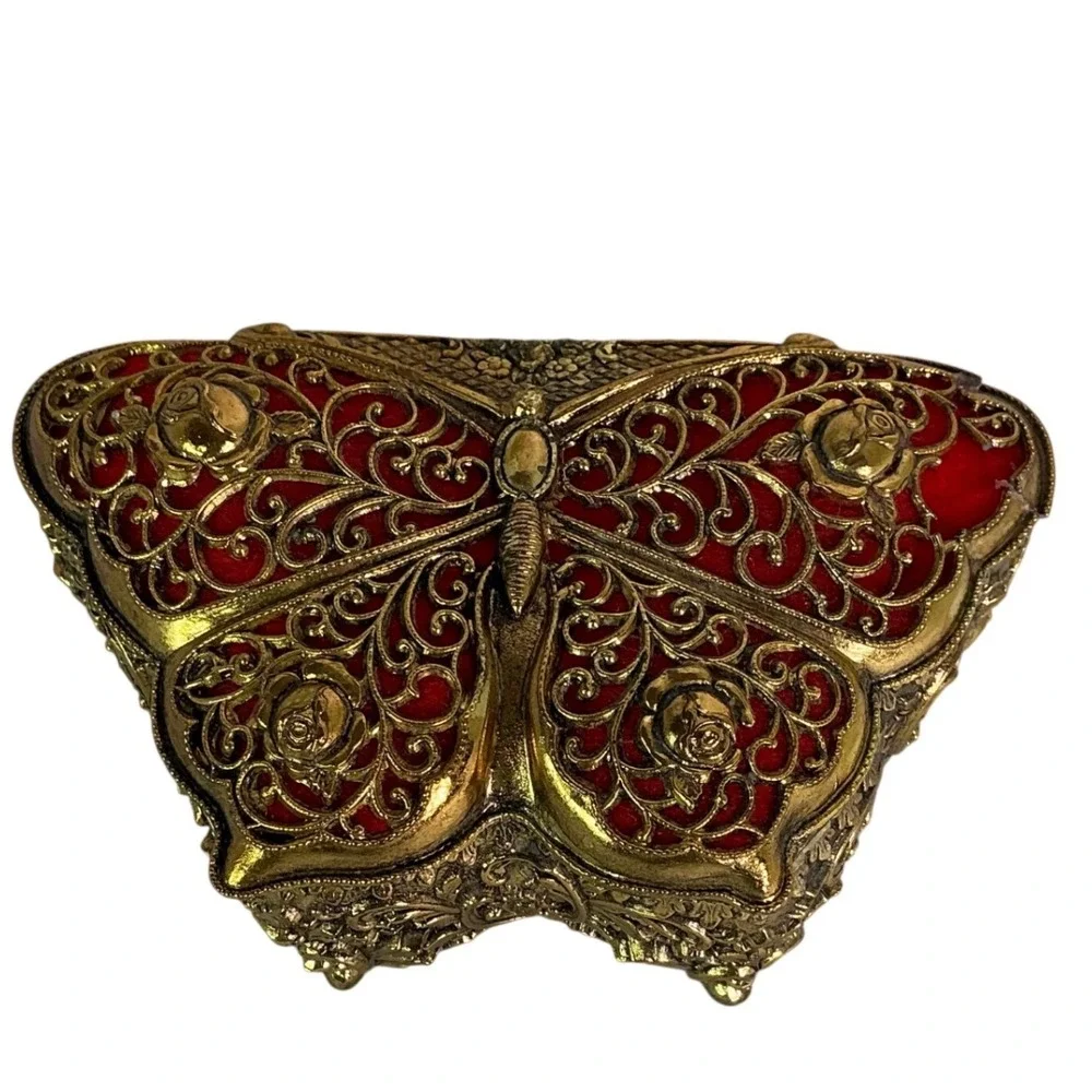 Vintage Japan Butterfly Music‎ Box Gold Filigree Red Velvet Jewelry Trinket